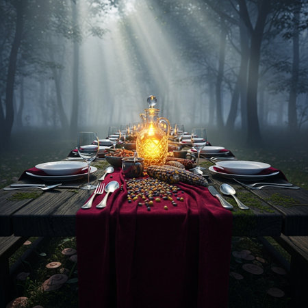 Table served for a romantic dinner in the forest in the fog.の素材