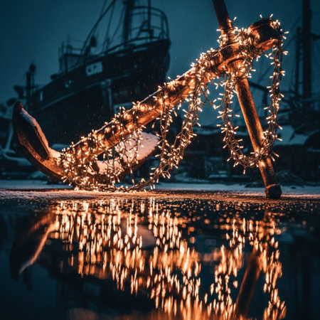 Old anchor with christmas lights on the background of a ship.の素材