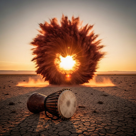 Djembe drum in the middle of the desert at sunsetの素材