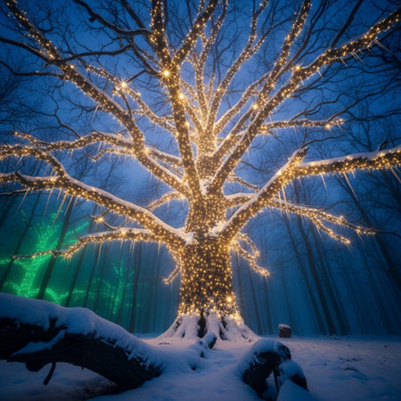 Beautiful Christmas tree in winter forest at night with garland lightsの素材
