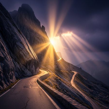 Dolomites mountain road at sunrise, South Tyrol, Italyの素材
