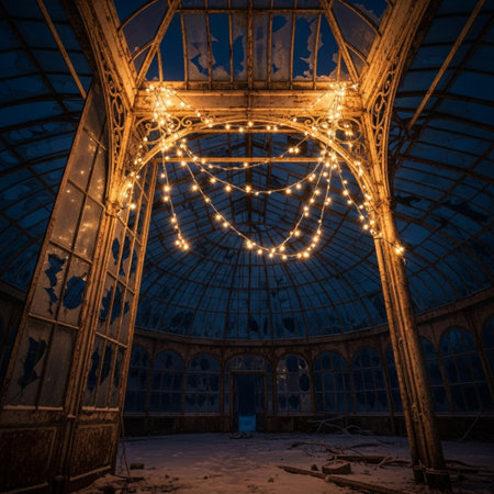 Abandoned greenhouse with christmas lights and garland in winterの素材
