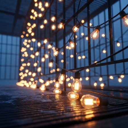 Glowing light bulbs in a cage on a wooden table. Close upの素材