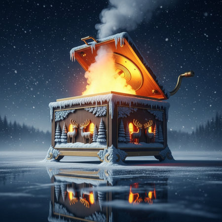 Old music box in the winter forest. 3d rendering. Computer digital drawing.の素材