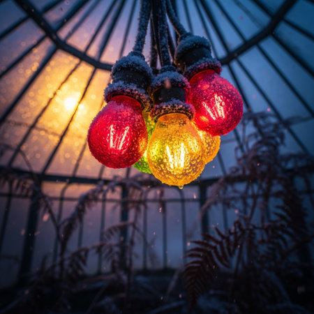 Colorful Christmas lights in the garden. Filtered image processed vintage effect.の素材