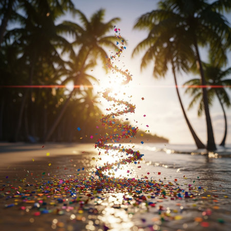 Colorful confetti on the beach at sunrise time. Holiday concept.の素材