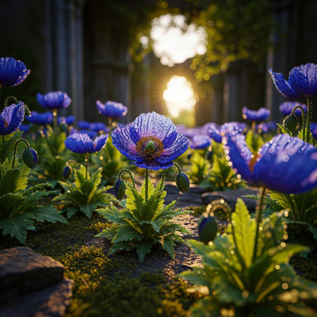Purple anemone flowers in the garden at sunset. Floral backgroundの素材