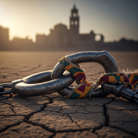 A closeup shot of a chain on the ground with a mosque in the backgroundの素材