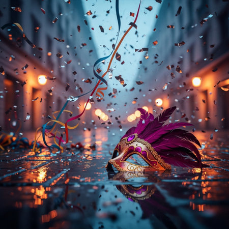 Carnival mask and confetti on the street at night.の素材