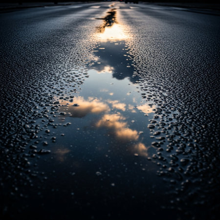 Reflection of the sun in a puddle on the road.の素材
