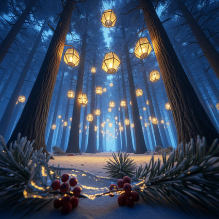 Winter night in the forest. Christmas tree and lanterns. 3d renderingの素材