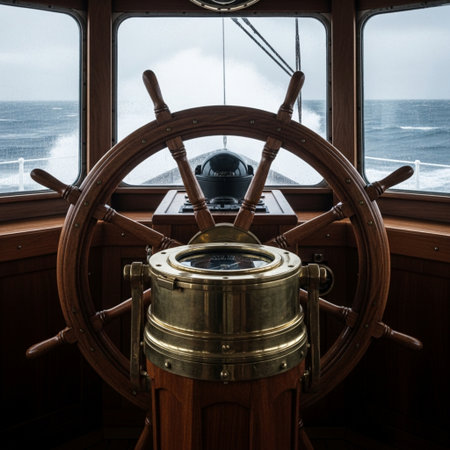 Wooden steering wheel of a ship with the sea in the backgroundの素材
