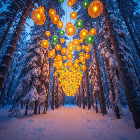 Colorful lanterns in the shape of a heart in the winter forestの素材