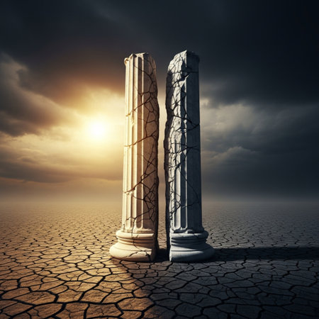 Stone columns on cracked earth background. 3d render. Conceptual imageの素材