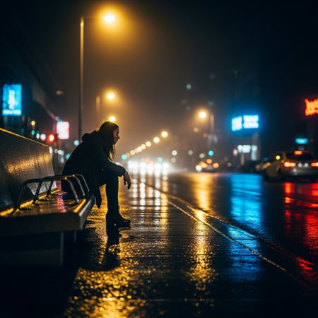 Young man in a raincoat on a city street at night.の素材