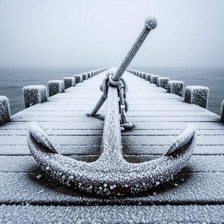 Anchor on a wooden pier in the Baltic Sea in winterの素材