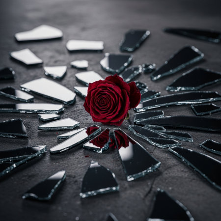 Broken glass with a red rose on a black background. Toned.の素材