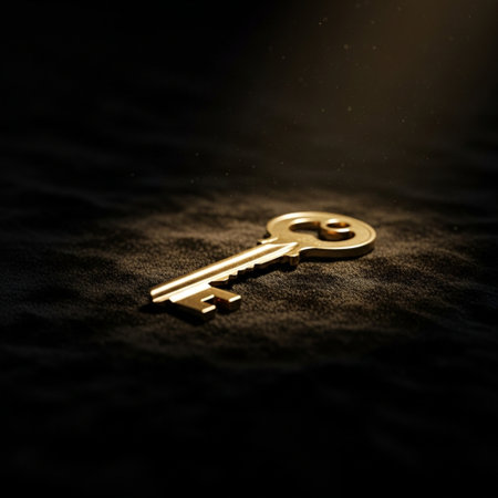 Golden key on a dark background. 3D illustration. Selective focus.の素材