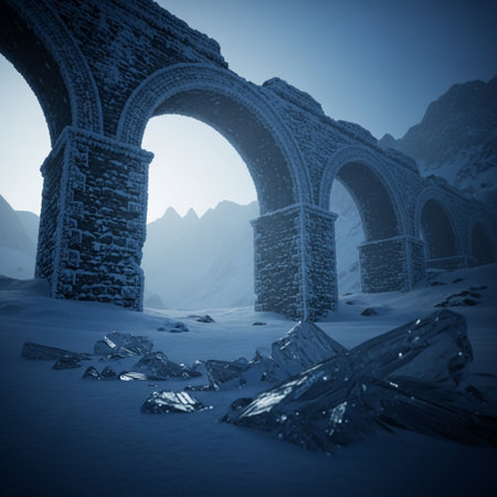 Fantasy landscape with a stone arch and broken glass. 3D renderingの素材