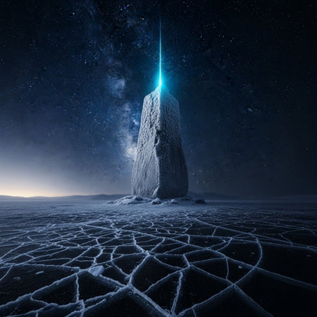 Ice desert landscape with starry sky. 3d render illustration.の素材