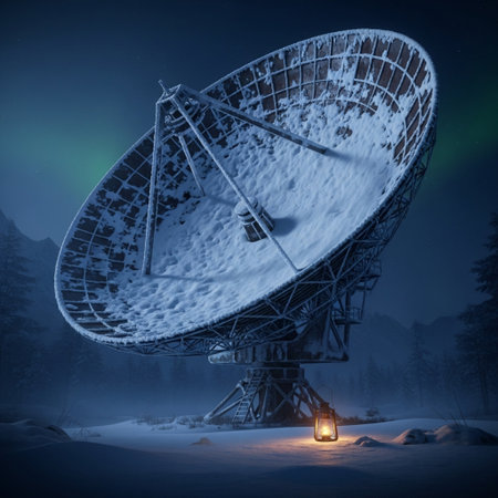 Satellite dish in the winter forest with aurora borealis.の素材