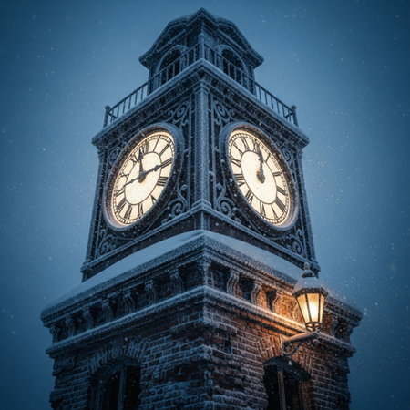 Old clock tower in the city at night, toned image.の素材