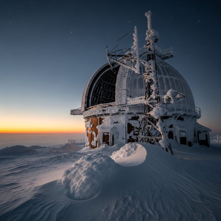 Snowy observatory on top of the mountain at sunset, winter landscapeの素材