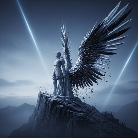 Man with angel wings on the top of the mountain. 3D renderingの素材