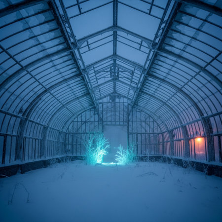 Abandoned industrial greenhouse in winter. Blue toned image.の素材