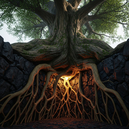 3D rendering of a fantasy tree with roots in a cave.の素材