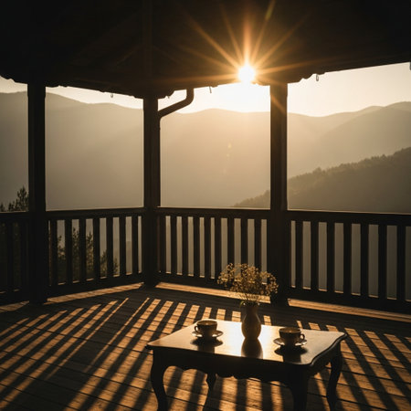 Morning view from the terrace of a hotel in the mountains.の素材