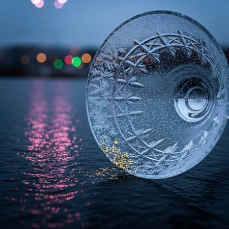 ice crystal ball on a dark background with a blurred city in the backgroundの素材