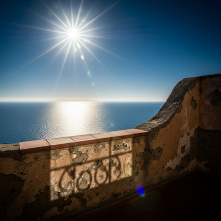 Sunrise over the sea and the balcony of an old house.の素材