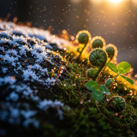 Fern sprouts grow on moss in the forest in the morningの素材
