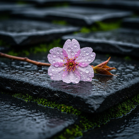 Beautiful cherry blossom flower with water drops on black stone backgroundの素材
