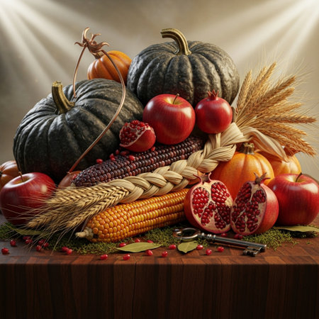 Autumn still life with pumpkins, apples and corn on wooden tableの素材