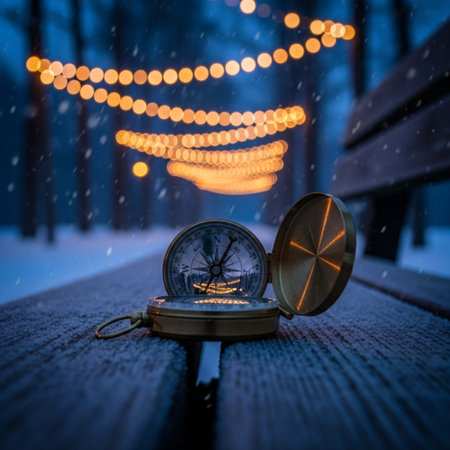 Compass on a wooden bench in the park at night. Winter backgroundの素材