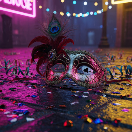 Carnival mask with feathers and confetti on the floor.の素材