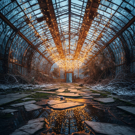 Abandoned greenhouse in winter with glowing garland on the ceiling.の素材