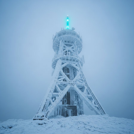Foggy view of the top of the mountain in winter.の素材