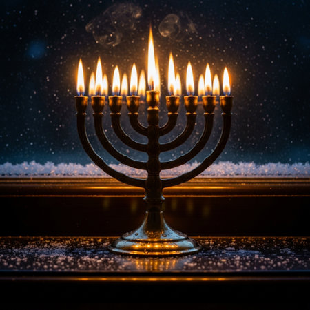 Jewish holiday Hanukkah background with menorah (traditional candelabra) and burning candles on dark background.の素材