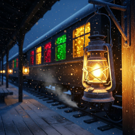 Lantern with a burning candle on the background of the train at nightの素材