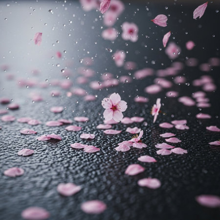 cherry blossom petals falling on black background with rain dropsの素材