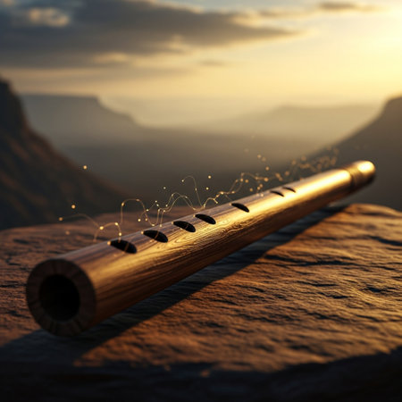 Wooden flute on the background of mountains. 3d renderの素材