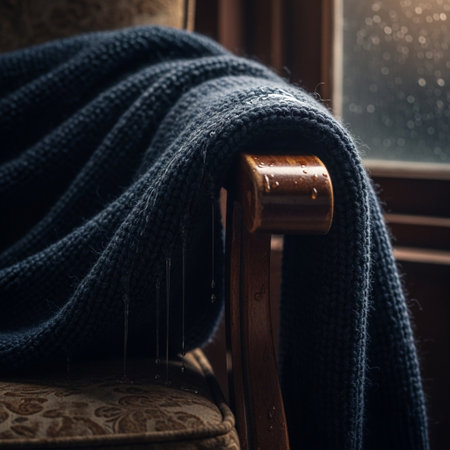Knitted woolen scarf on a wooden chair. Selective focus.の素材