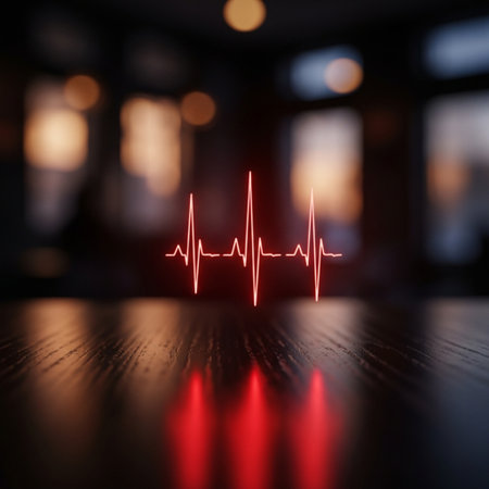 Heart beat pulse on a wooden table in a dark room. 3d renderingの素材