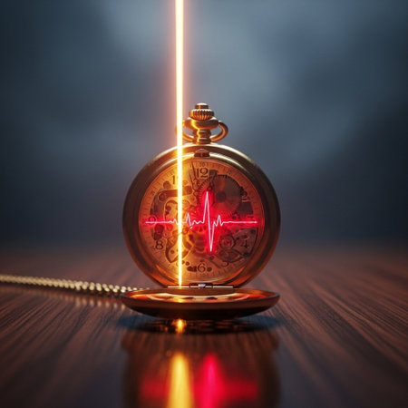 Pocket watch with red pulse on a dark background. 3d renderingの素材
