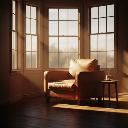 Living room interior with armchair, coffee table and window. 3D Renderingの素材
