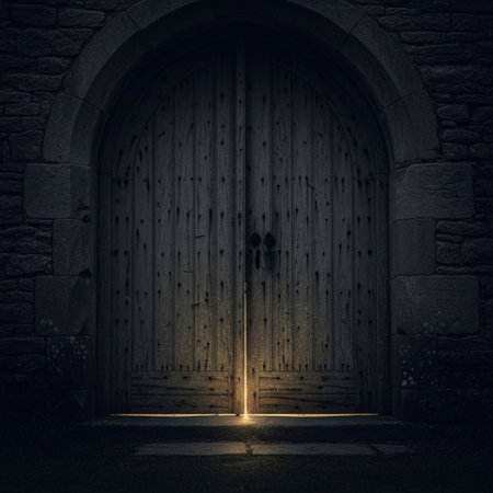 Old wooden door with light coming out of it. 3D renderingの素材