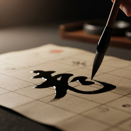 Chinese calligraphy pen and inkpot on calendar, closeupの素材